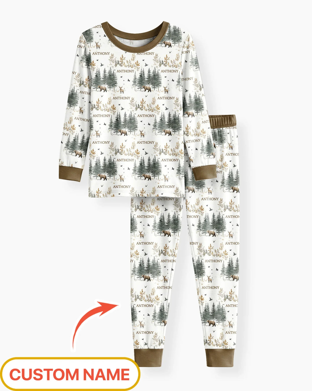 Custom Name Forest Bear Deer Bamboo Two Piece Long Sleeve Pajama Set