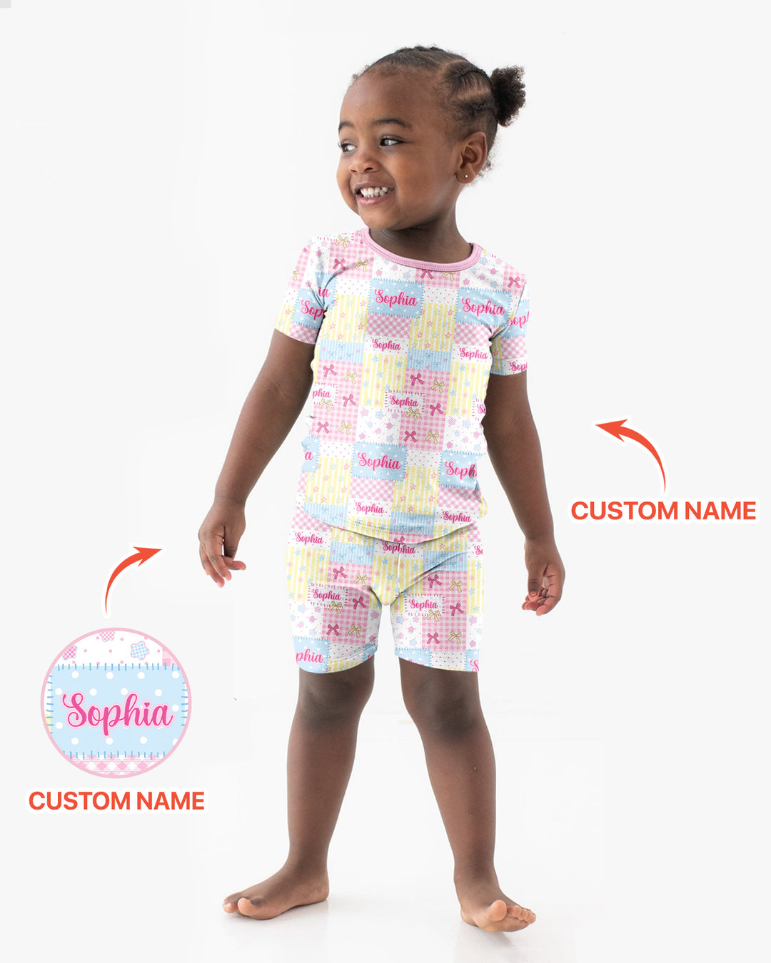 Custom Name Sweet Patchwork Bamboo Two Piece Short Sleeve Shorts Pajama Set