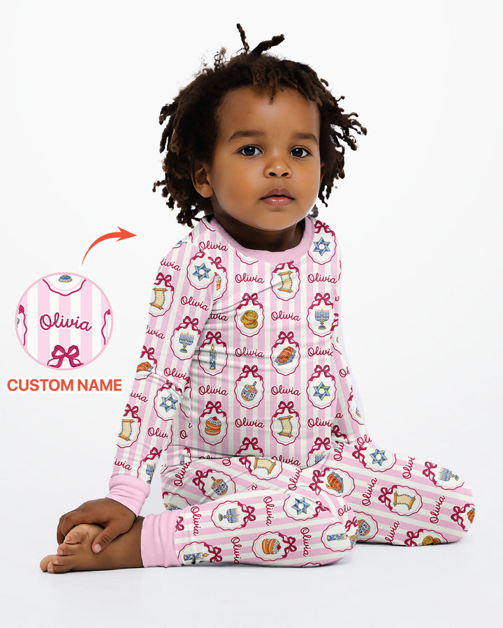 Custom Name Hanukkah Striped Bamboo Two Piece Long Sleeve Pajama Set