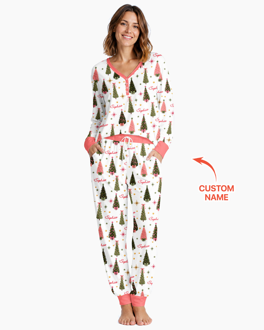 Custom Name Merry Christmas Tree Bamboo Women Pajama Set
