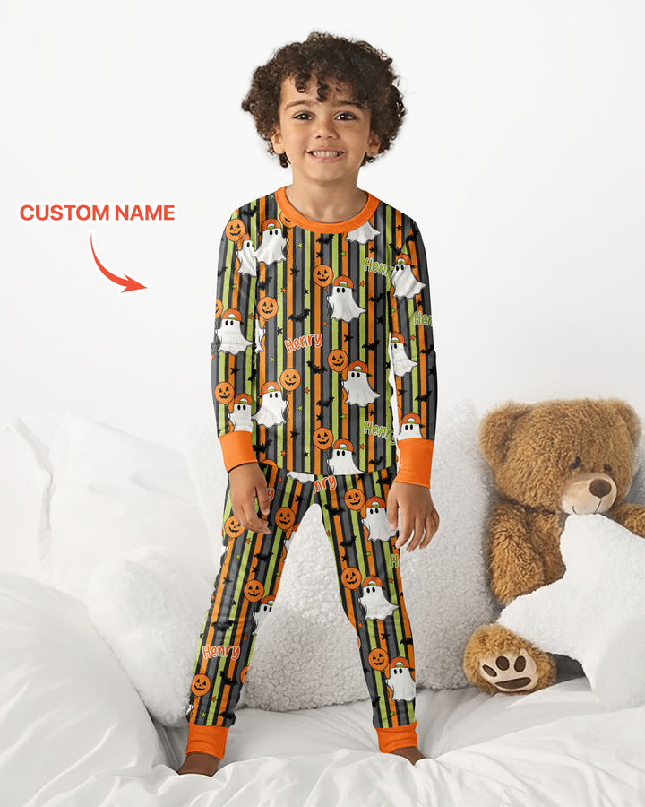 Custom Name Ghost Holding Balloon Bamboo Two Piece Long Sleeve Pajama Set