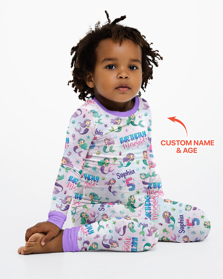 Custom Name and Age Birthday Mermaid Bamboo Two Piece Long Sleeve Pajama Set