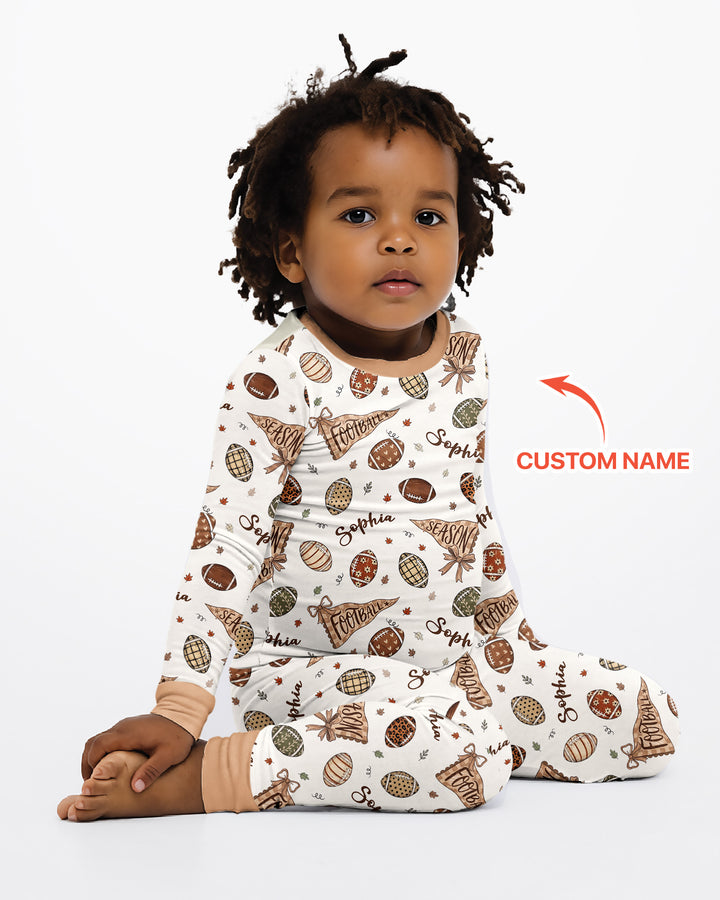Custom Name Football Fall Season Bamboo Two Piece Long Sleeve Pajama Set