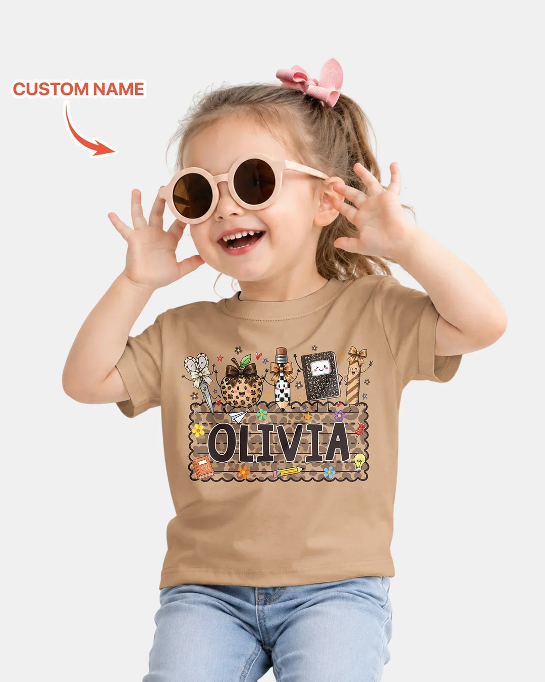 Custom Name School Sweetheart Leopard Bamboo Crewneck T-Shirt