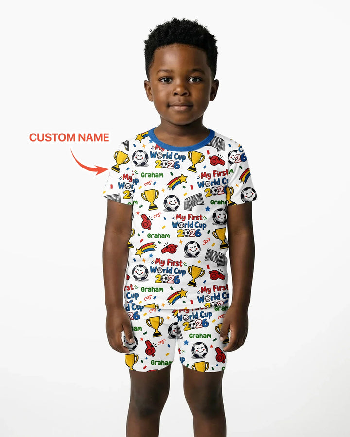 Custom Name My First Soccer Cup Bamboo Two Piece Short Sleeve Shorts Pajama Set