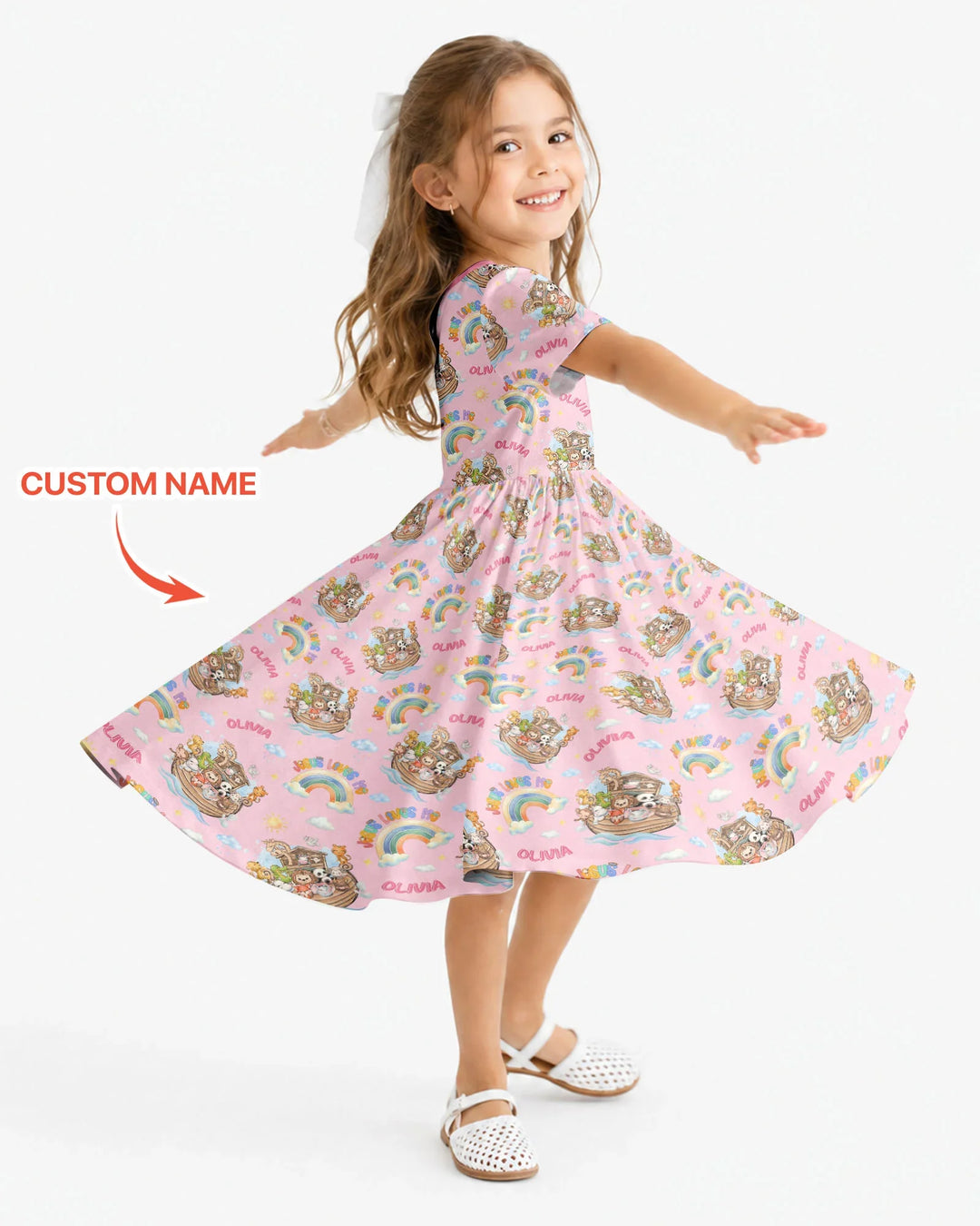 Custom Name Jesus Loves Me Noah's Ark Bamboo Twirl Dress