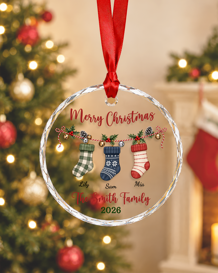 Merry Christmas Stocking Family - Personalized Glass Ornament