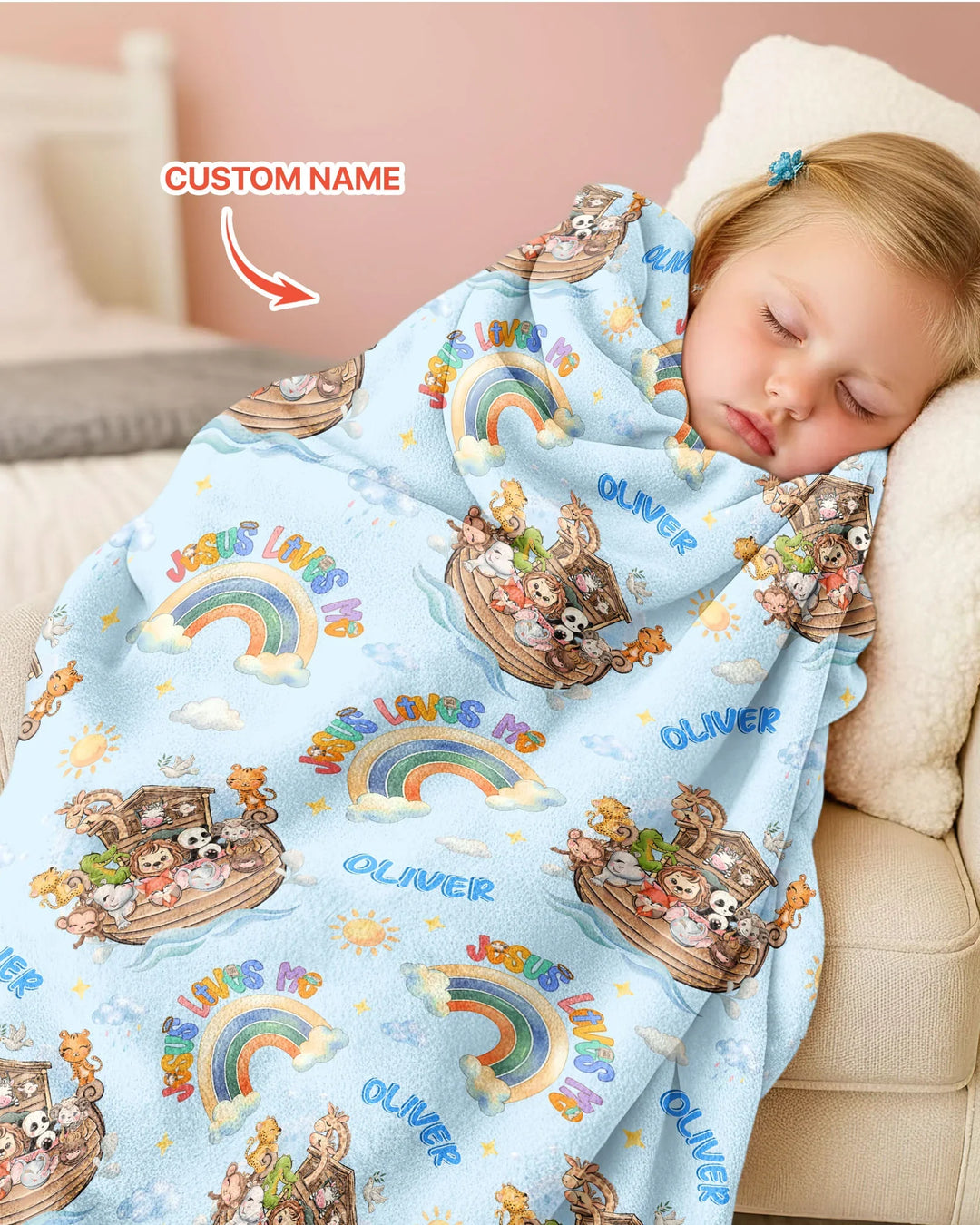 Custom Name Jesus Loves Me Noah's Ark Bamboo Blanket