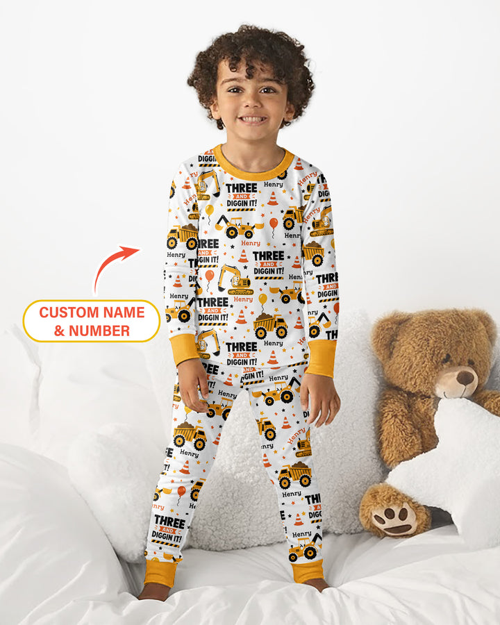 Personalized Birthday Construction Truck Diggin It Bamboo Two Piece Long Sleeve Pajama Set
