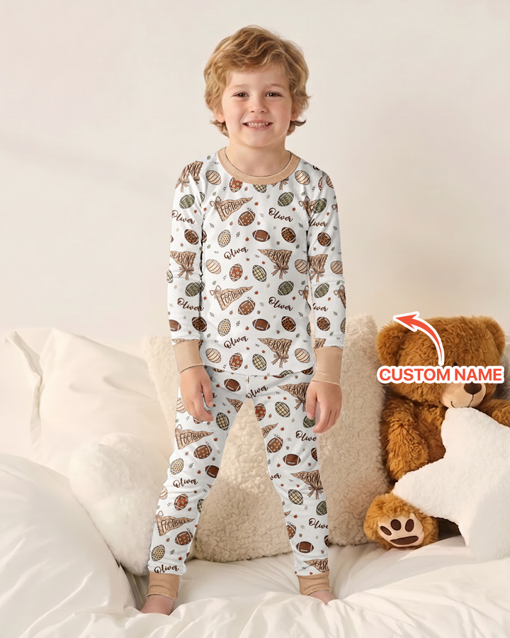 Custom Name Football Fall Season Bamboo Two Piece Long Sleeve Pajama Set