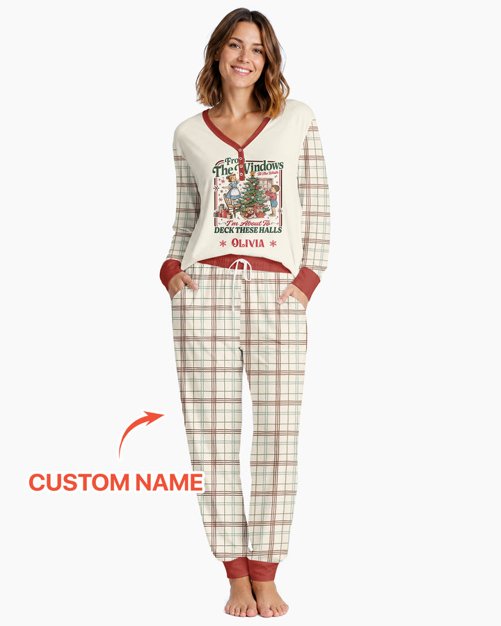 Custom Name Vintage Deck The Halls Bamboo Women Pajama Set
