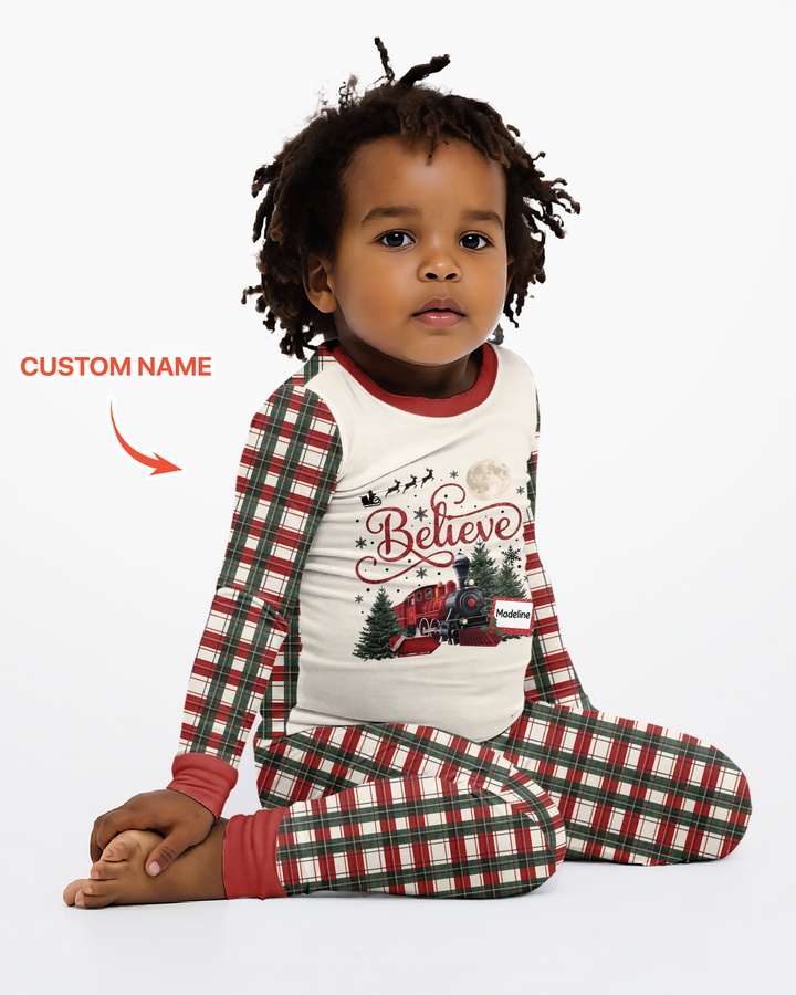 Custom Name Believe Christmas Express Bamboo Two Piece Long Sleeve Pajama Set