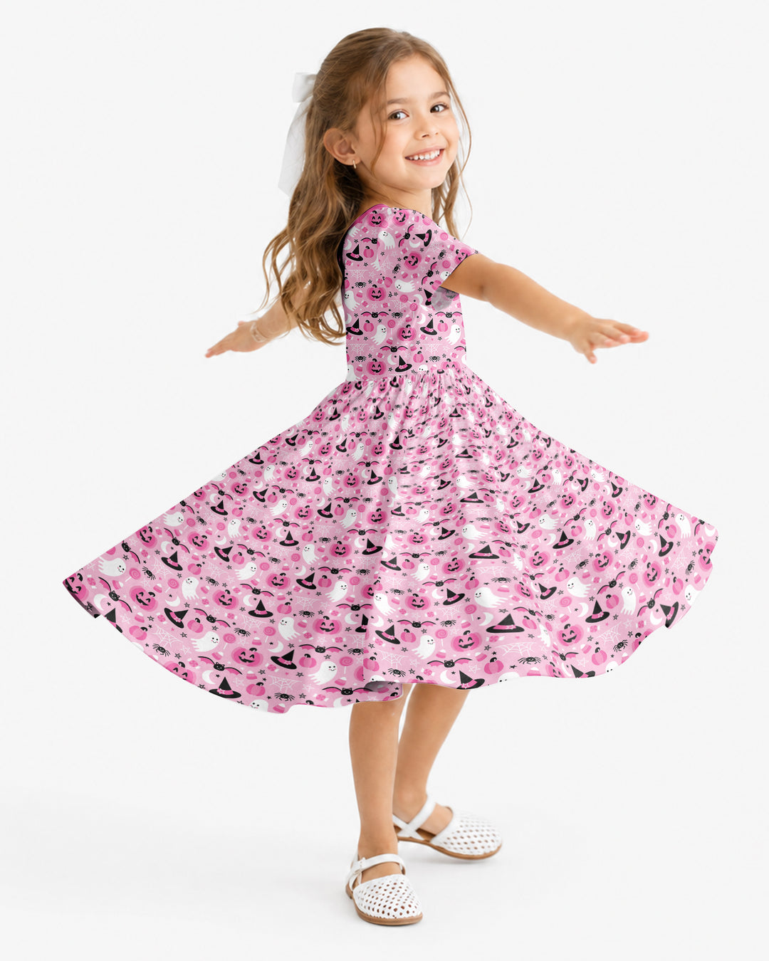 Cute Pink Halloween Ghost Pumpkin Witch Bamboo Twirl Dress