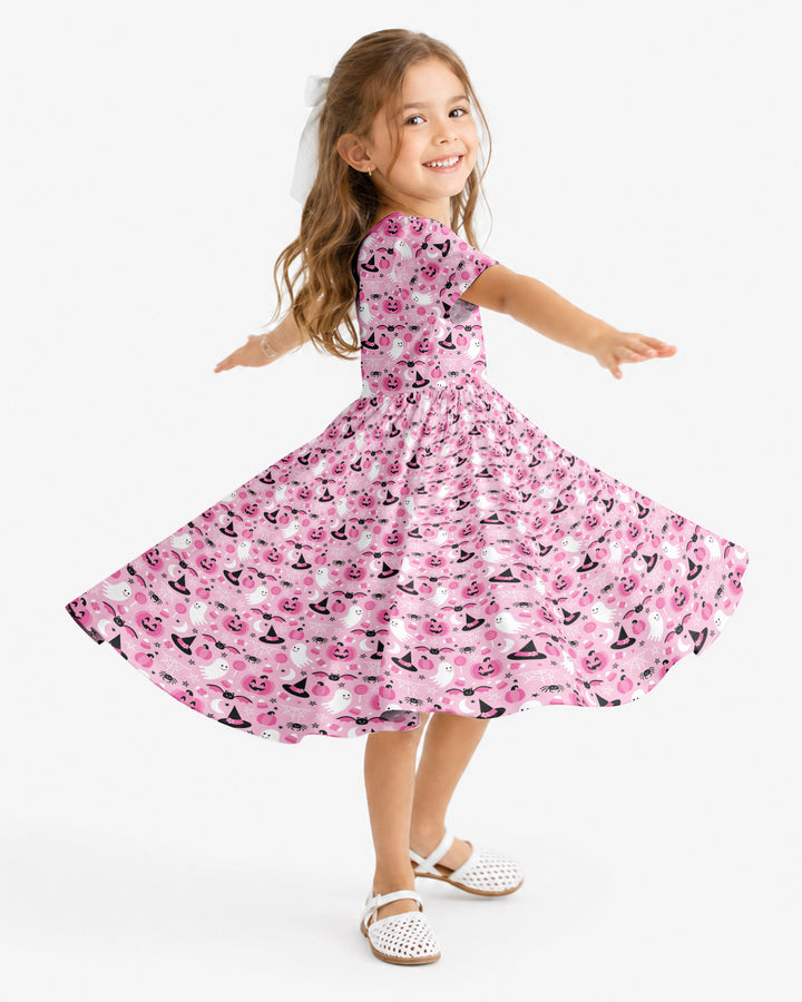 Cute Pink Halloween Ghost Pumpkin Witch Bamboo Twirl Dress