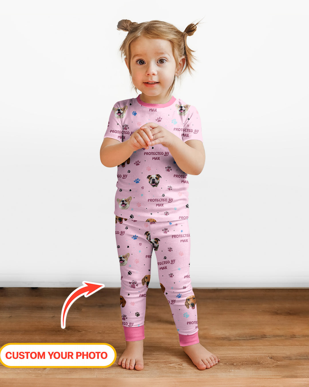 Custom Dog Photos "Protected By" Pawfect Pink Bamboo Two Piece Short Sleeve Pyjamas Set