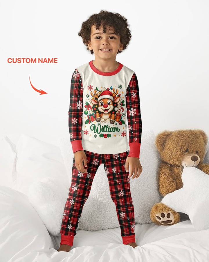 Cute Reindeer in Santa Hat Bamboo Two Piece Long Sleeve Pajama Set