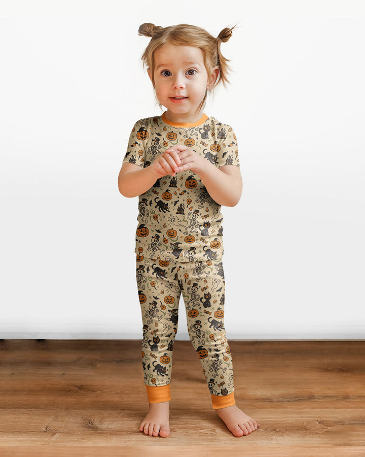 Vintage Skeleton Pumpkin Halloween Bamboo Two Piece Short Sleeve Pajama Set