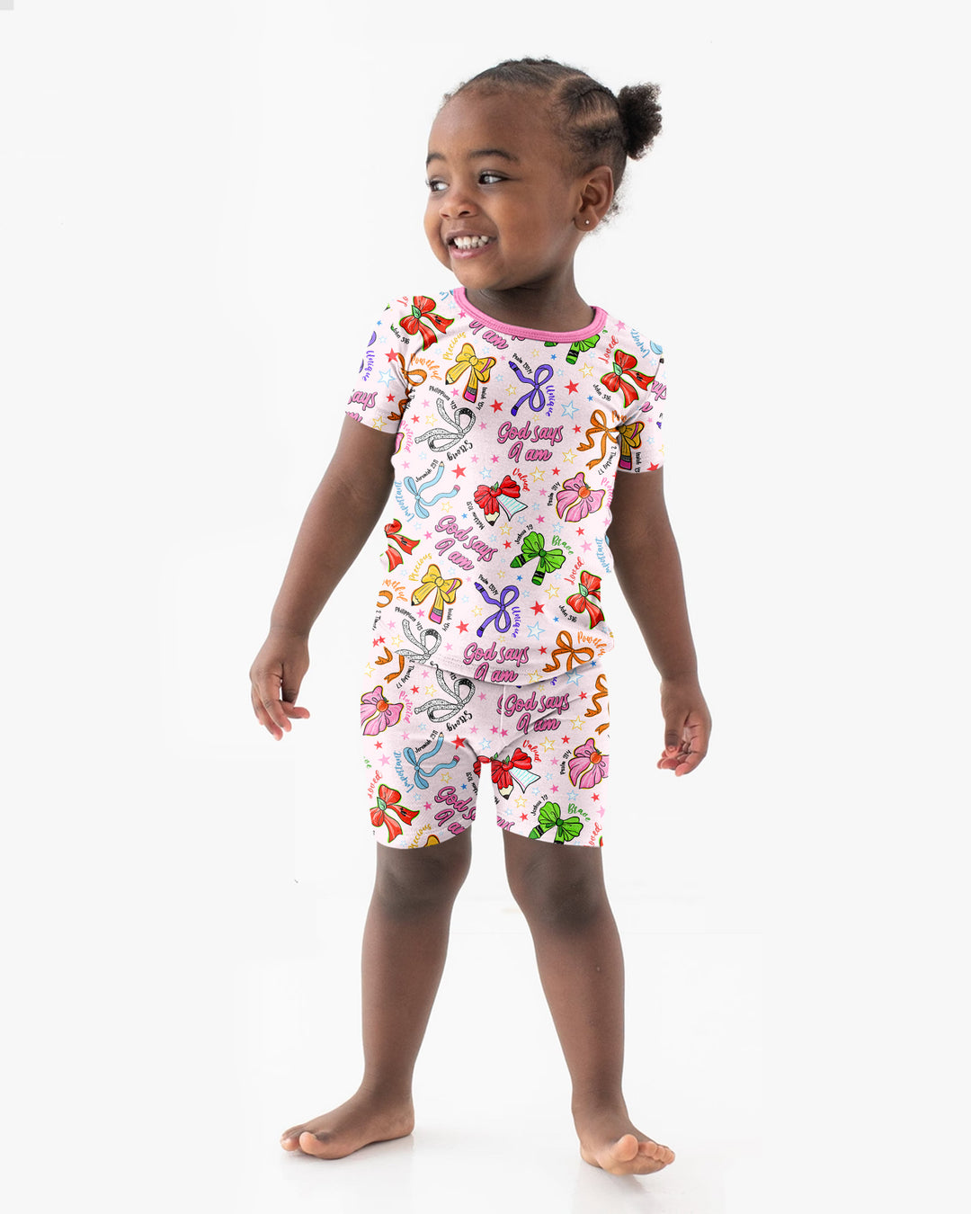 Pencil Bows God Says I Am Bamboo Two Piece Short Sleeve Shorts Pajama Set