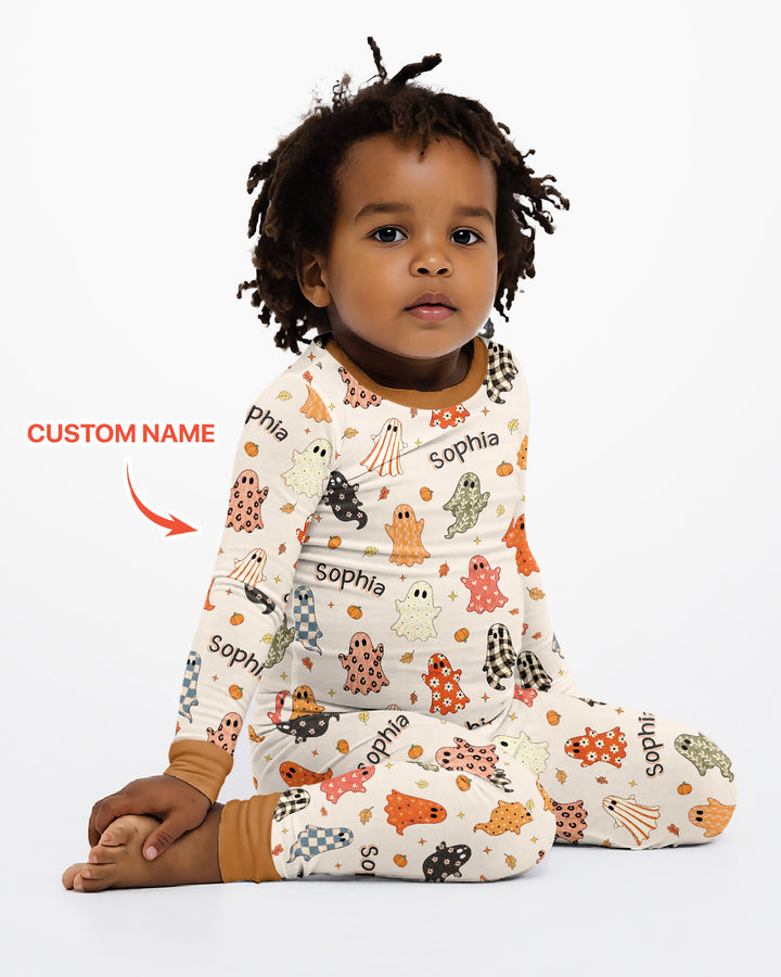 Custom Name Fall Ghost Bamboo Two Piece Long Sleeve Pajama Set