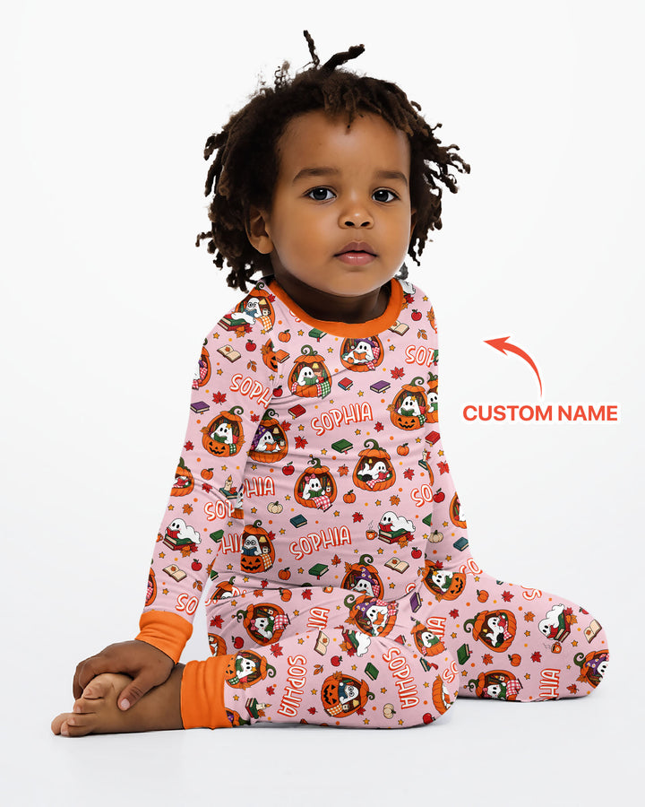 Bookish Ghost Halloween Custom Name Bamboo Two Piece Long Sleeve Pajama Set