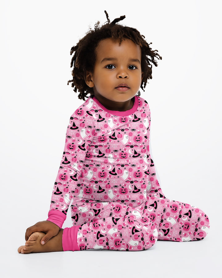 Cute Pink Halloween Ghost Pumpkin Witch Bamboo Two Piece Long Sleeve Pajama Set