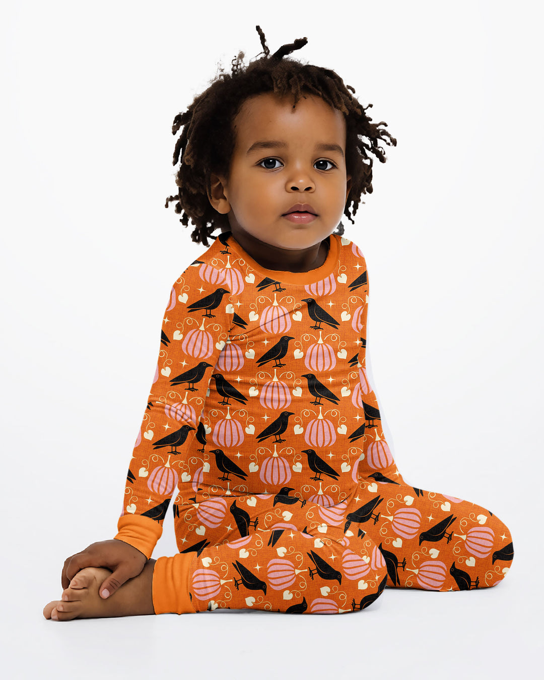 Ravens in a Pumpkin Patch - Orange Pink Bamboo Two Piece Long Sleeve Pajama Set