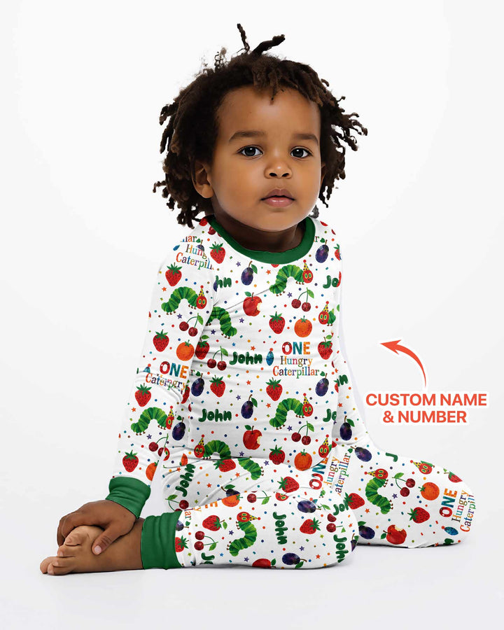 Custom Name And Age Hungry Caterpillar Bamboo Two Piece Long Sleeve Pajama Set