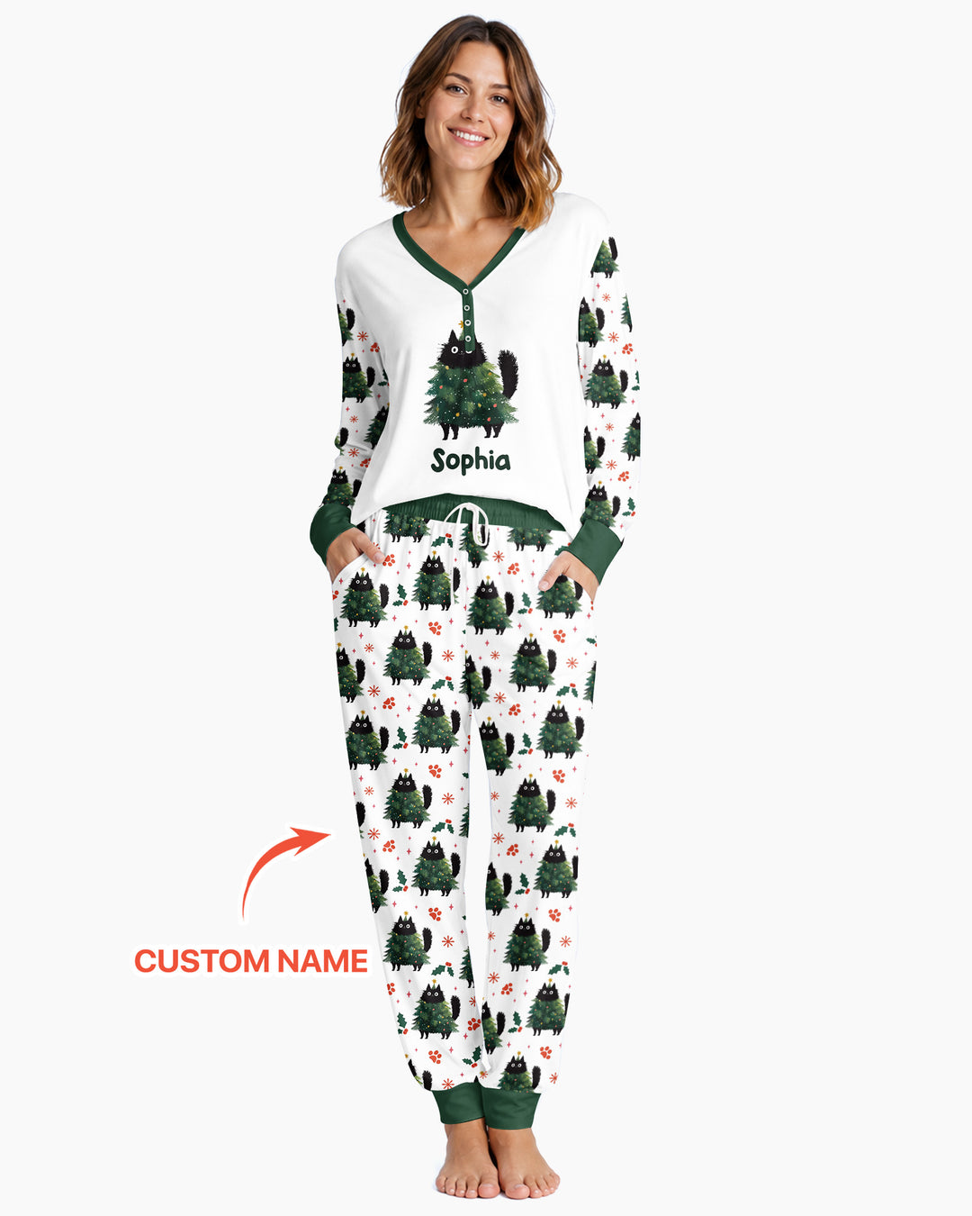 Custom Name Black Cat Christmas Bamboo Women Pajama Set