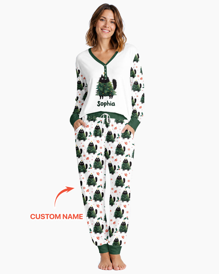 Custom Name Black Cat Christmas Bamboo Women Pajama Set