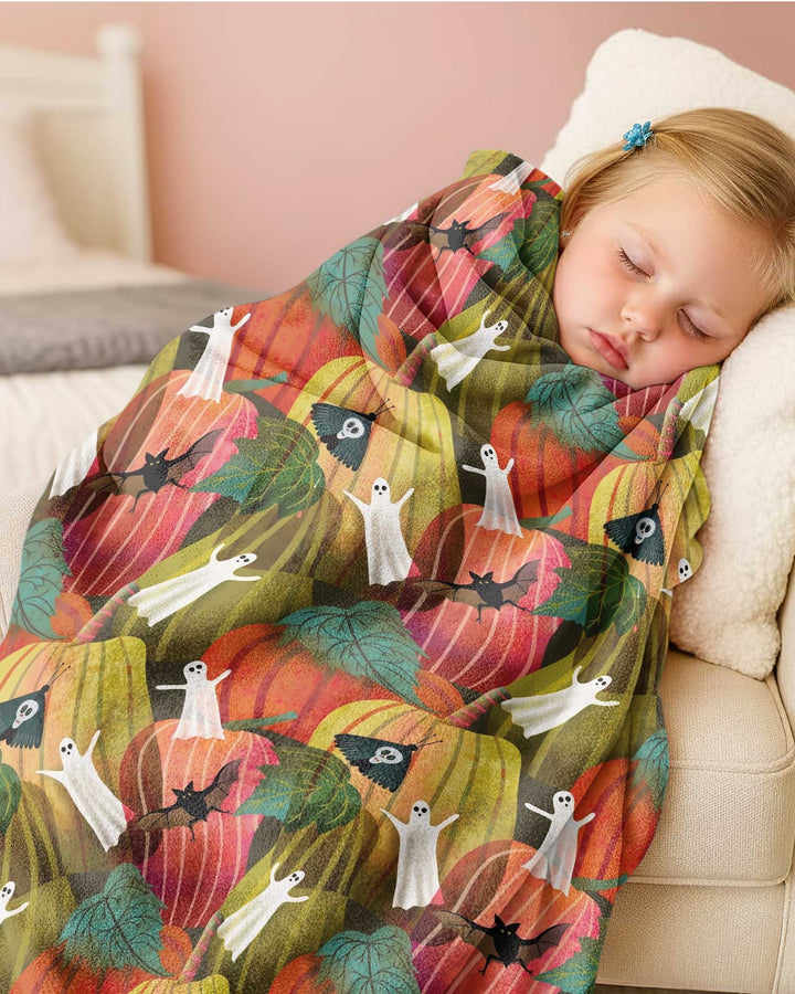 Big Pumpkin Field With Ghosts Bamboo Blanket