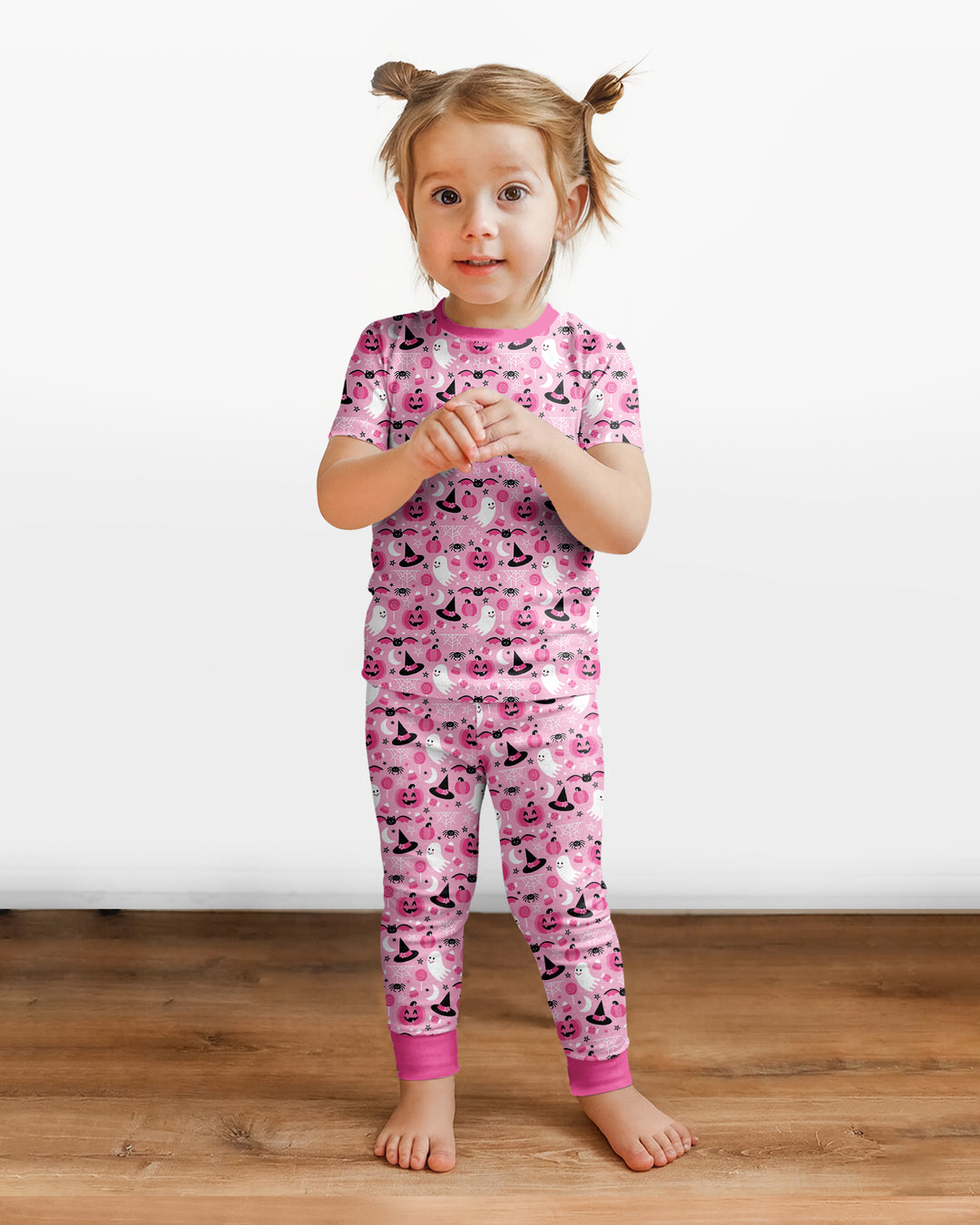 Cute Pink Halloween Ghost Pumpkin Witch Bamboo Two Piece Short Sleeve Pajama Set
