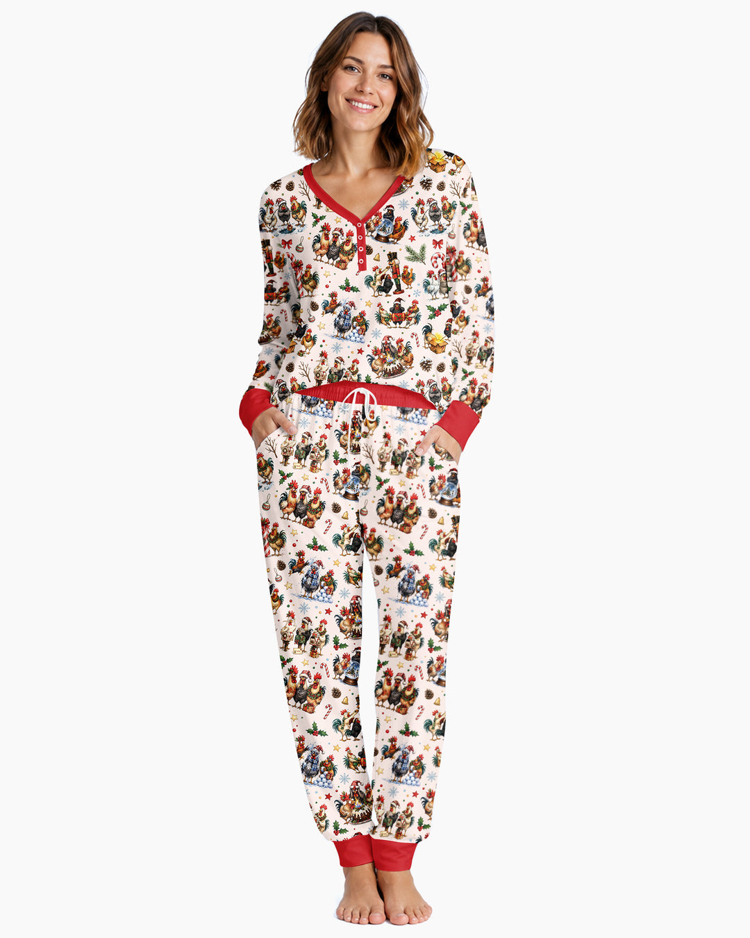 Funny Roosters On Christmas Bamboo Women Pajama Set