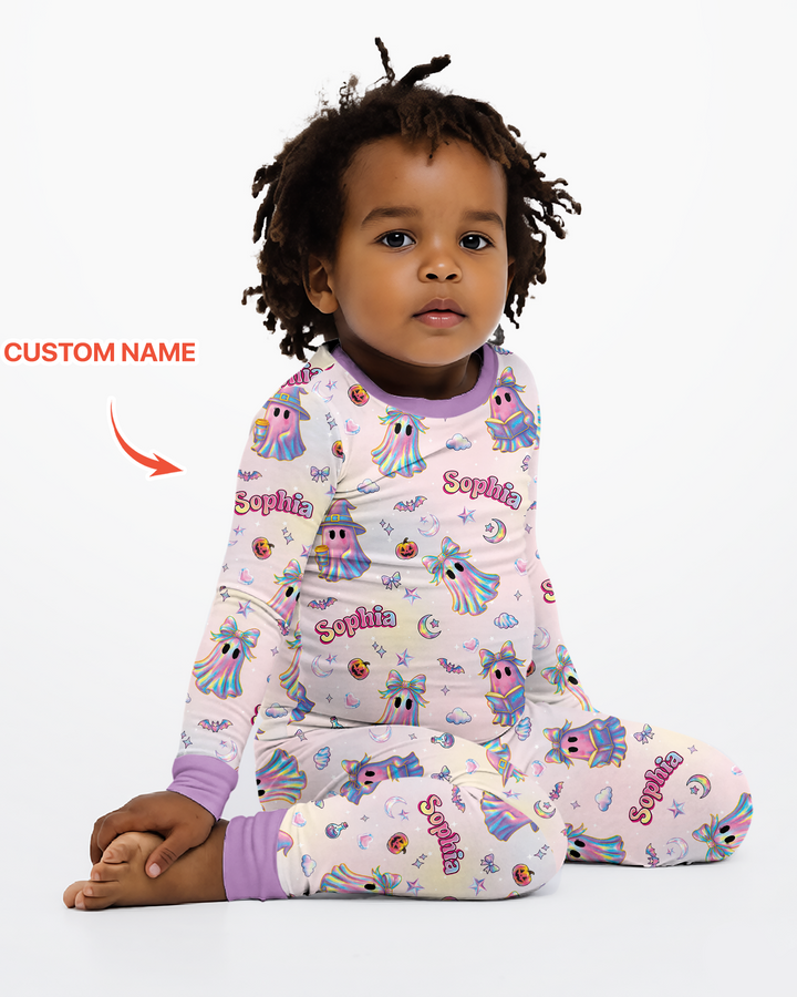 Holographic Cute Ghost Bamboo Two Piece Long Sleeve Pajama Set
