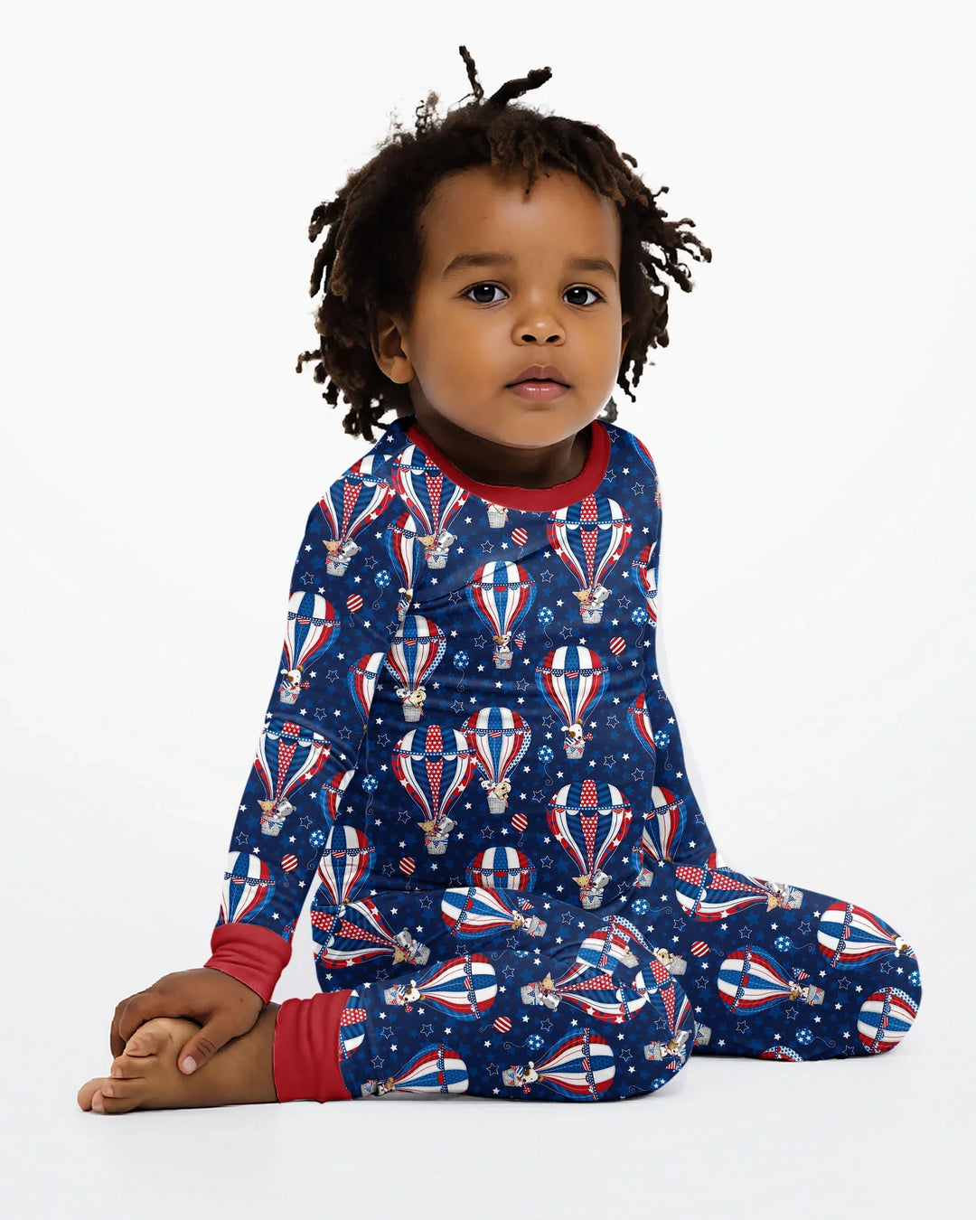 Patriotic Pups in Hot Air Balloons Family Matching Bamboo Two Piece Long Sleeve Pajama Set