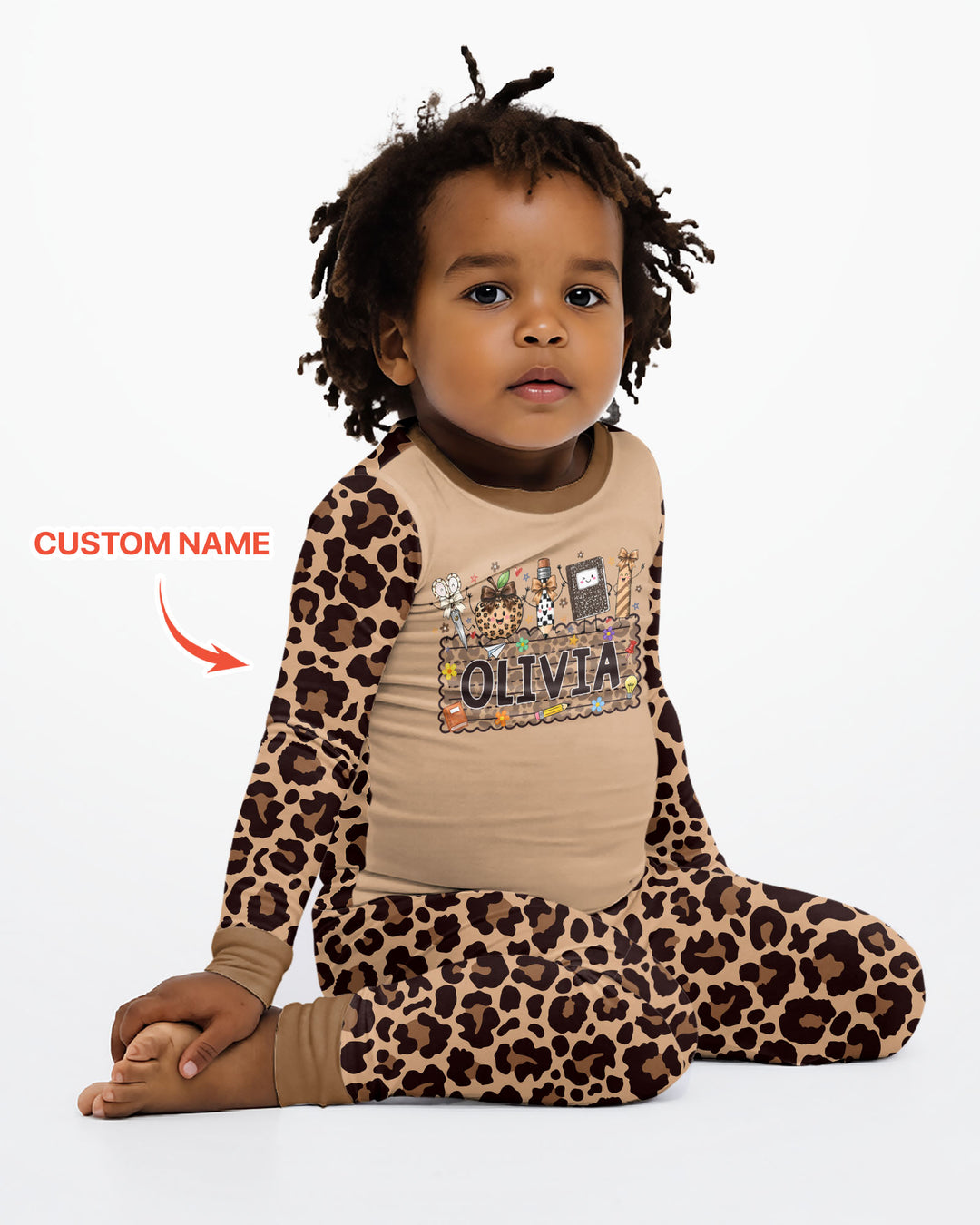 Custom Name School Sweetheart Leopard Bamboo Two Piece Long Sleeve Pajama Set