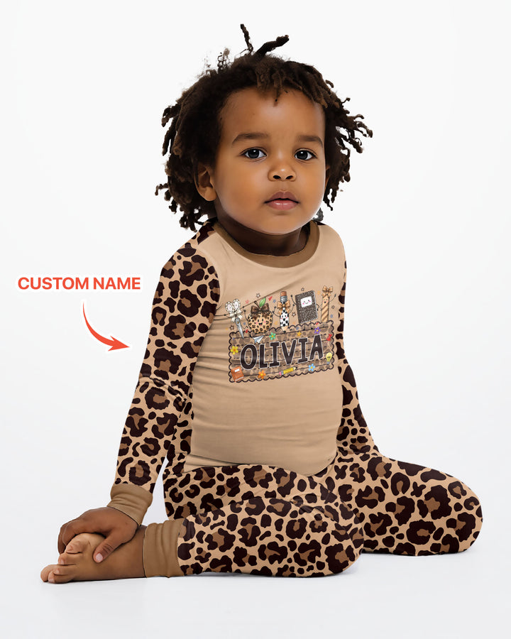 Custom Name School Sweetheart Leopard Bamboo Two Piece Long Sleeve Pajama Set