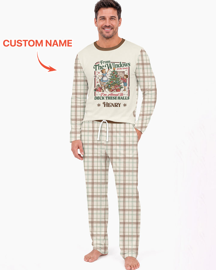 Custom Name Vintage Deck The Halls Bamboo Men's Pajama Set