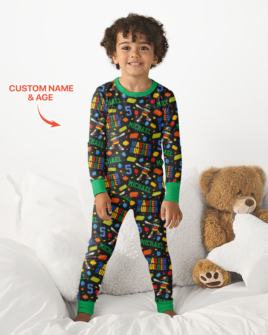 Custom Name and Age Master Builder Birthday Bamboo Two Piece Long Sleeve Pajama Set