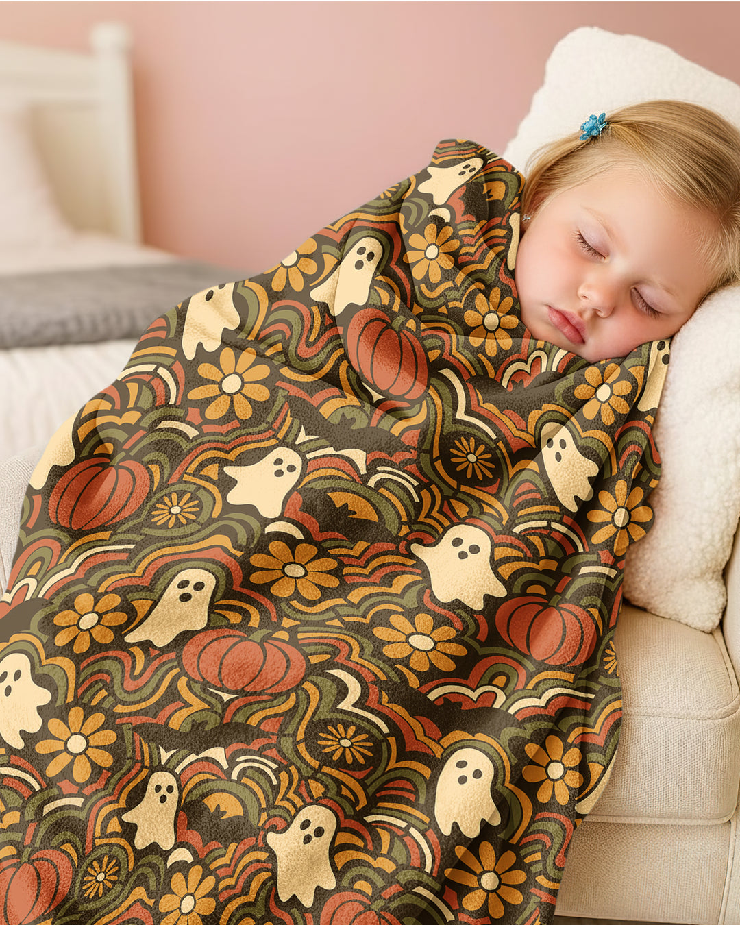 Retro Halloween Ghost Pumpkin Floral Bamboo Blanket