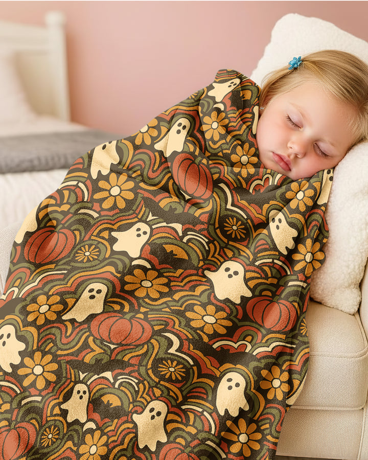 Retro Halloween Ghost Pumpkin Floral Bamboo Blanket