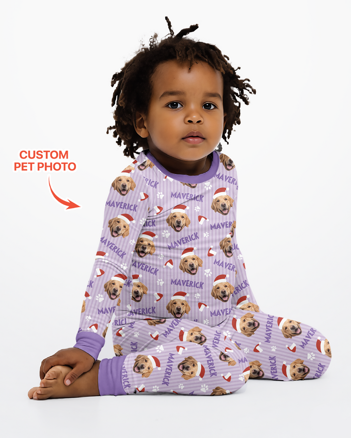 Custom Pet Photo Christmas Paws Stripe Bamboo Two Piece Long Sleeve Pajama Set