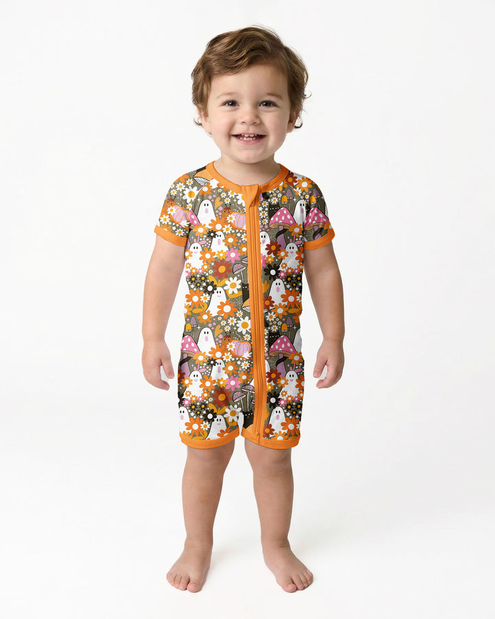 Retro Ghost Mushroom Floral Halloween Bamboo Shorty Zippy