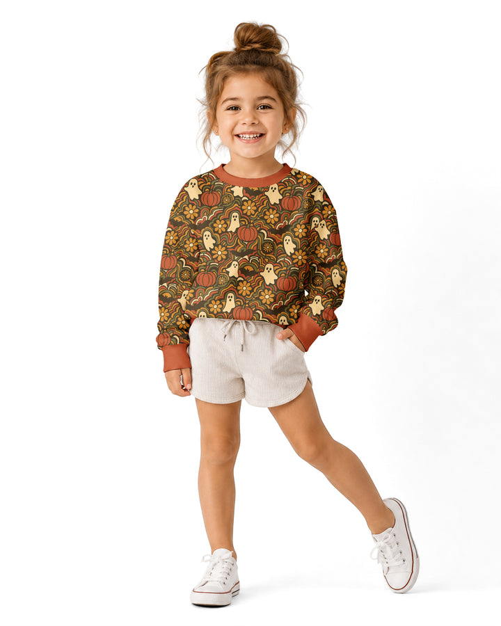 Retro Halloween Ghost Pumpkin Floral Bamboo Crewneck Sweatshirt