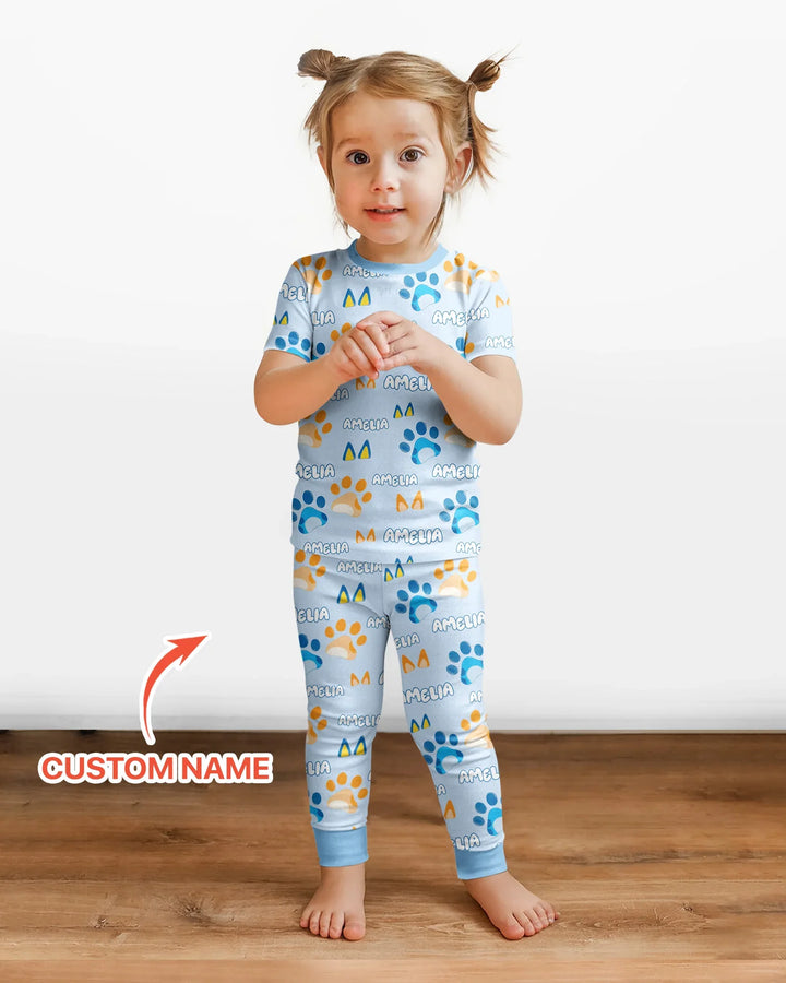 Custom Name Favourite Blue Dog Family Matching Bamboo Two Piece Short Sleeve Pajama Set