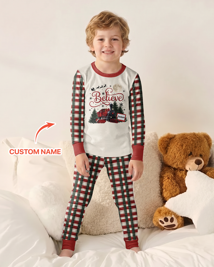 Custom Name Believe Christmas Express Bamboo Two Piece Long Sleeve Pajama Set