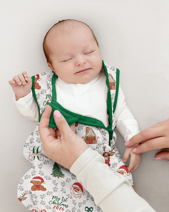 Custom name "Fancy Monogram Green Christmas 2026" Bamboo Sleep Bag