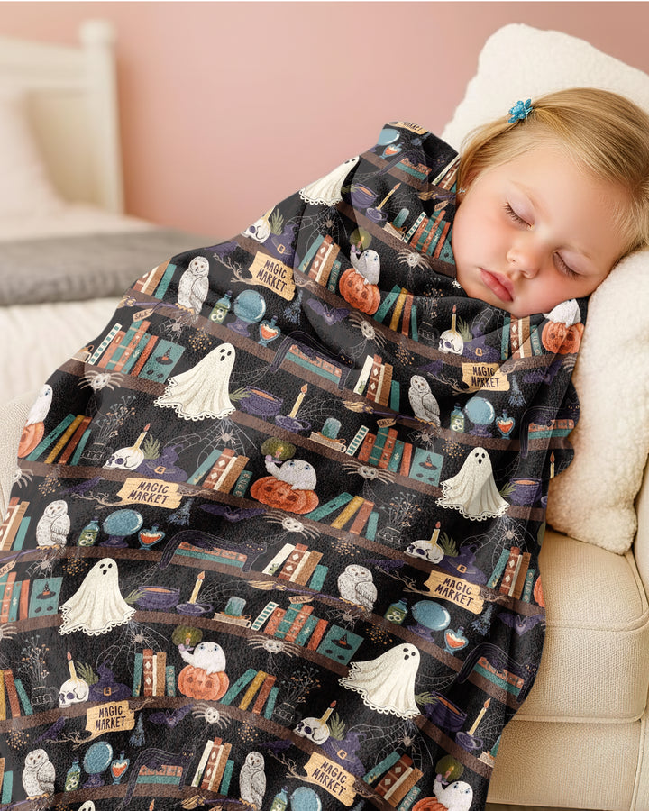 Cute Ghost Witchy Halloween Magic Library Bamboo Blanket