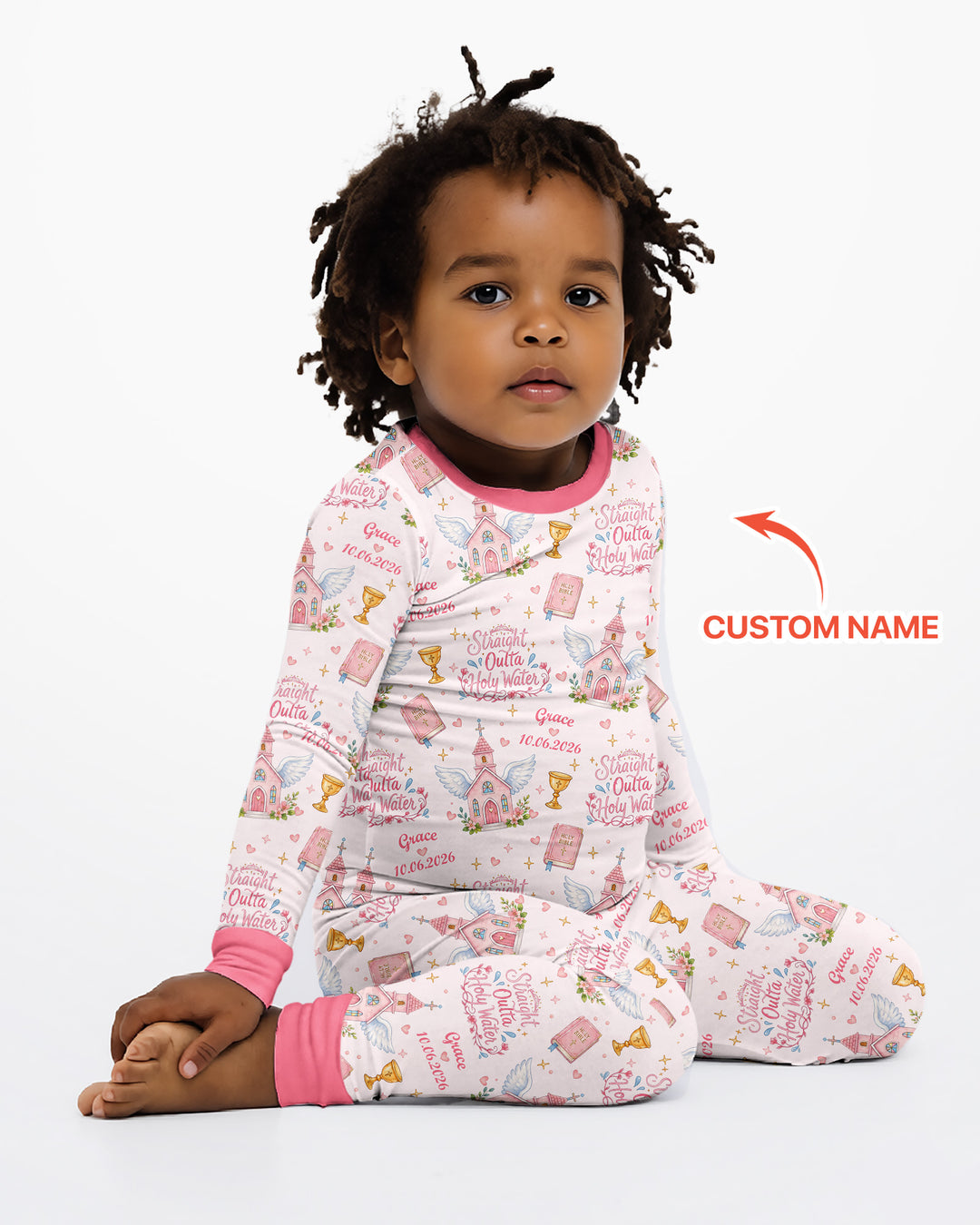 Custom Name Baptism Christening Straight Outta Holy Water Bamboo Two Piece Long Sleeve Pajama Set
