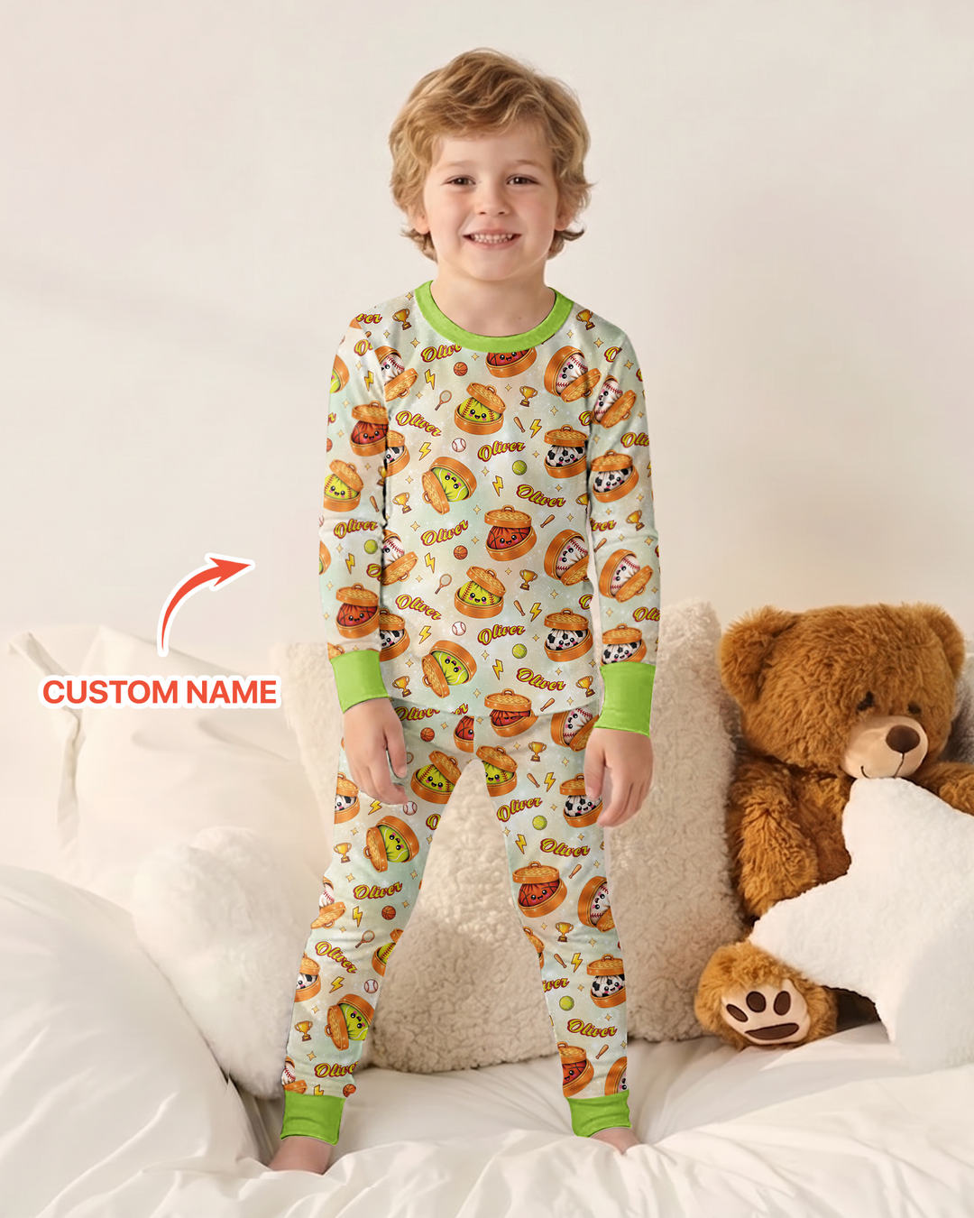 Custom Name Sports Dumpling Bamboo Two Piece Long Sleeve Pajama Set