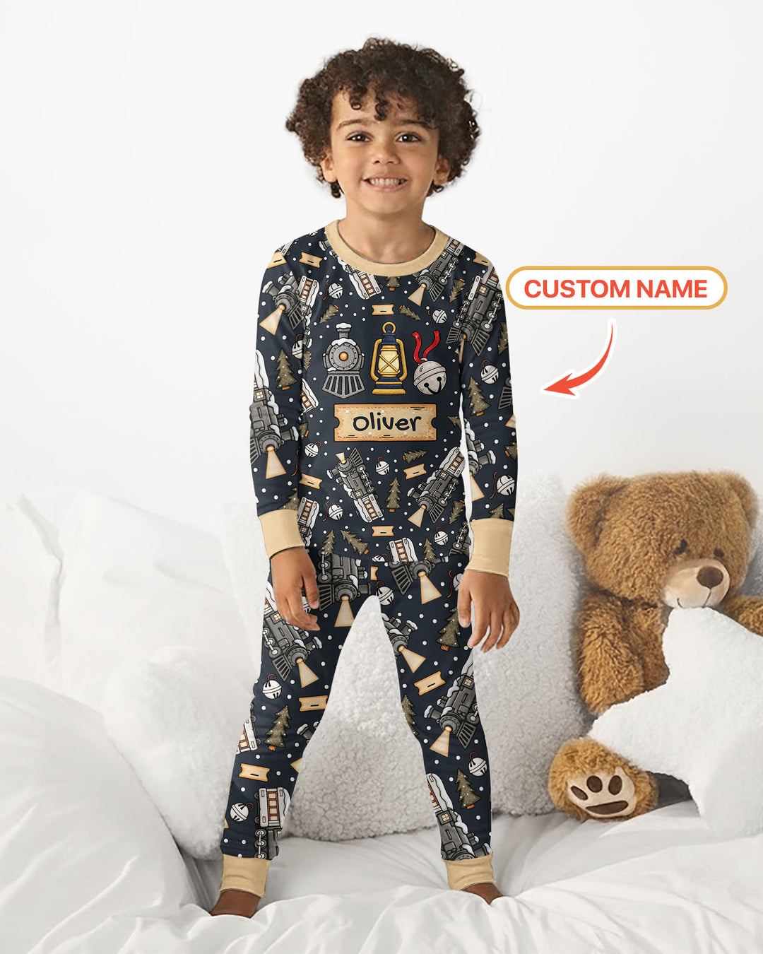 Custom Name Believe Kid Train Bamboo Two Piece Long Sleeve Pajama Set